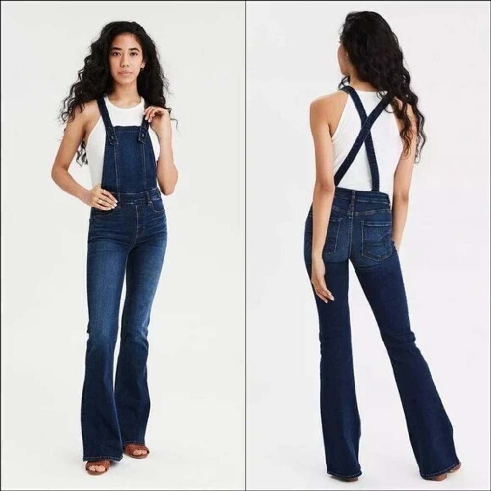 American Eagle High-Rise Blue Flare Denim Overalls Hippie Boho Vibes